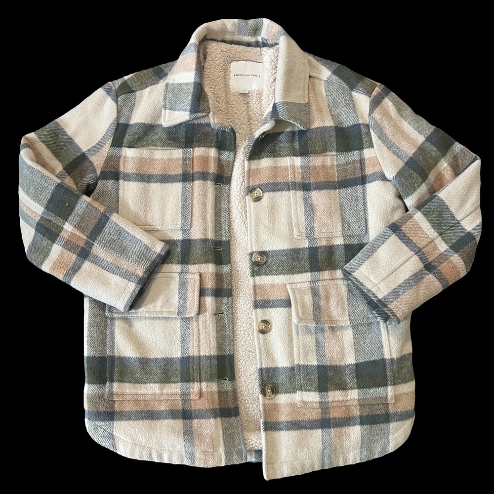 Women’s AE oversized plaid button up shacket
